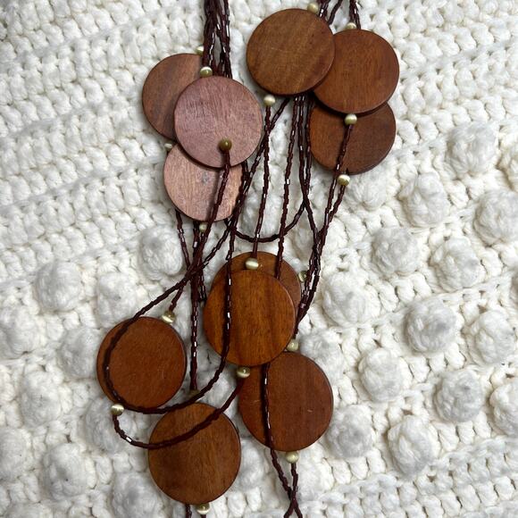 VINTAGE Women's Boho Seed Bead Wood Discs Multi Strand Necklace Natural Earthy - Picture 2 of 9